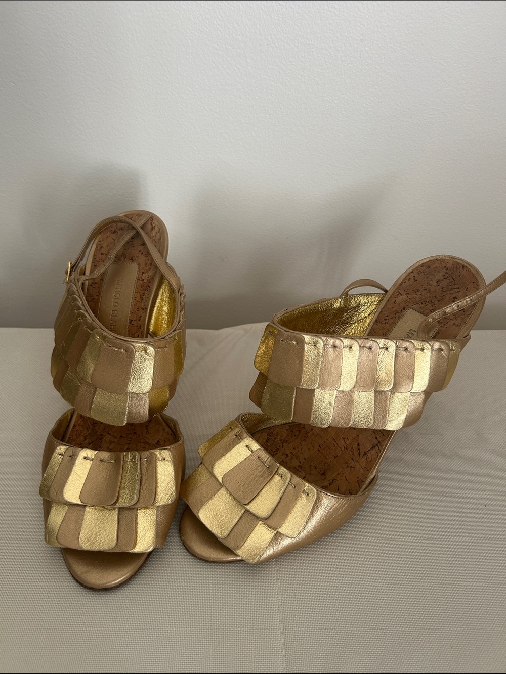 Manolo Blahnik Gold and Tan Woven Strap Heels